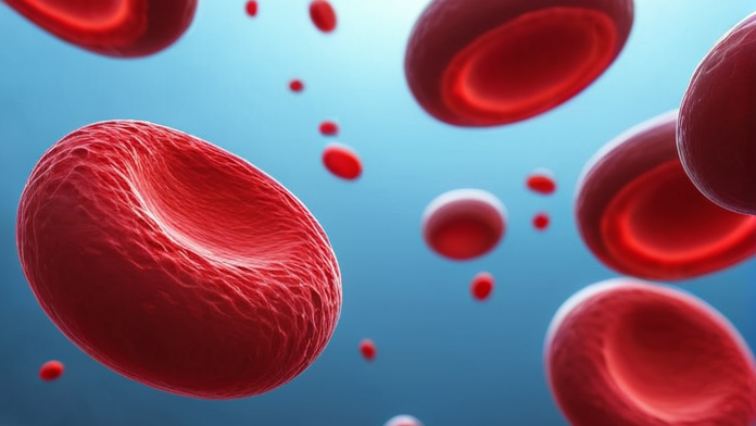 Close-up view of red blood cells in a blue backdrop, symbolizing a scientific focus on blood analysis.