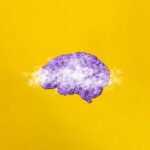 Brain Fog, Mood Swings and Mental Fatigue Concept and Banner. Brain and Clouds on Yellow Background. Minimal Aesthetics.