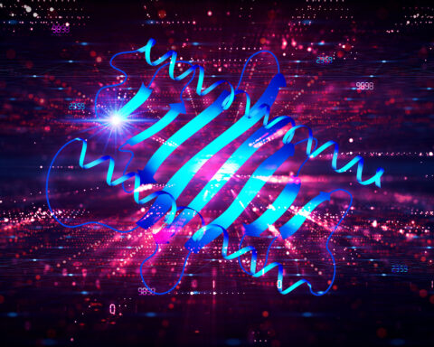 A vibrant, futuristic digital visualization of a protein structure, depicted as a blue and teal ribbon model, set against a dynamic background of glowing red and purple light patterns. Small numerical data points and a starburst of light further enhance the sense of high-tech complexity, evoking themes of molecular biology, biotechnology, and proteomics.