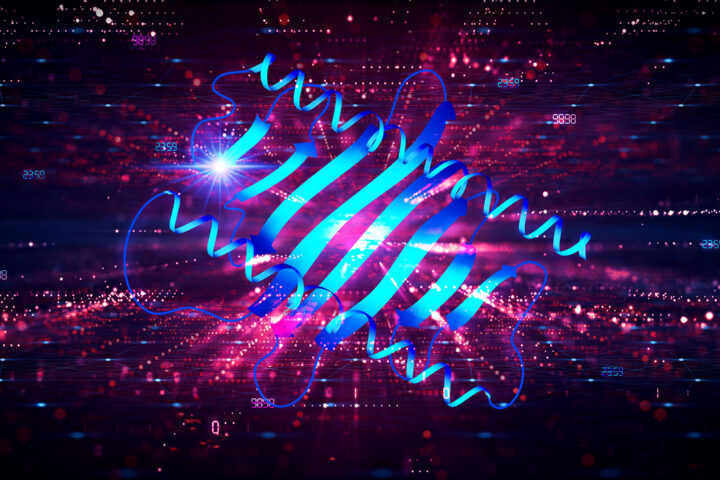 A vibrant, futuristic digital visualization of a protein structure, depicted as a blue and teal ribbon model, set against a dynamic background of glowing red and purple light patterns. Small numerical data points and a starburst of light further enhance the sense of high-tech complexity, evoking themes of molecular biology, biotechnology, and proteomics.