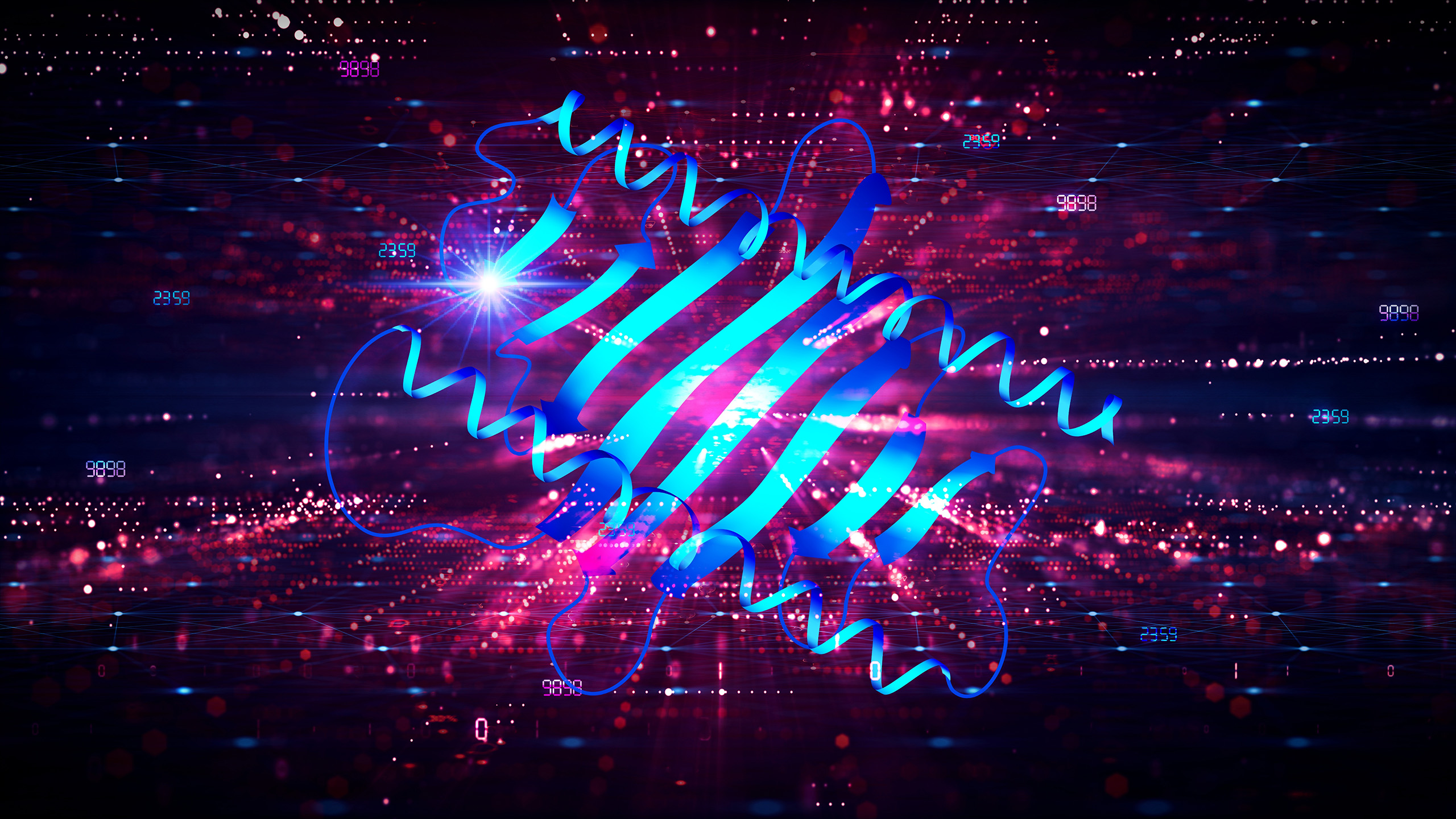 A vibrant, futuristic digital visualization of a protein structure, depicted as a blue and teal ribbon model, set against a dynamic background of glowing red and purple light patterns. Small numerical data points and a starburst of light further enhance the sense of high-tech complexity, evoking themes of molecular biology, biotechnology, and proteomics.