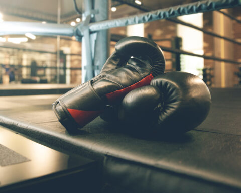 Black boxing gloves resting on a boxing ring mat in a gym, symbolizing the fight against age-related muscle loss as highlighted in the article 'How to Understand and Combat Age-Related Muscle Loss.