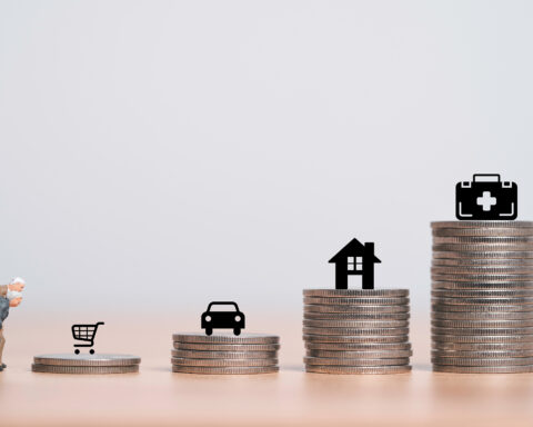 A conceptual image showing stacks of coins of varying heights representing the increasing financial burdens of aging. On the smallest stack stands a miniature elderly figure, symbolizing limited resources. Icons of a shopping cart, car, house, and medical briefcase are placed on progressively taller stacks, illustrating the growing costs of essentials, housing, transportation, and healthcare associated with aging. The background is minimalist and neutral, emphasizing the financial theme.