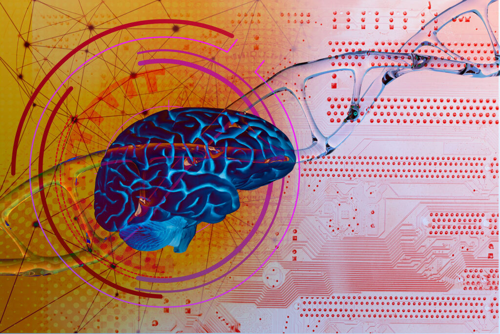 Abstract illustration of a human brain in vibrant colors, highlighting neural networks and synaptic connections. The background features digital circuitry and dynamic patterns, symbolizing neuroplasticity, brain adaptability, and the intersection of neuroscience and technology.