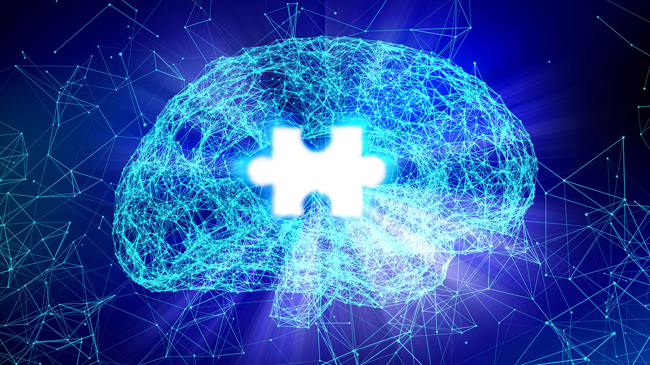 A digital representation of a human brain formed by interconnected glowing blue lines and nodes, symbolizing neural networks and scientific innovation. The brain has a bright, white puzzle piece-shaped gap in the center, signifying memory loss or cognitive challenges. The image has a futuristic aesthetic, with a dark blue background and subtle light flares, evoking themes of Alzheimer's research and advanced technology.