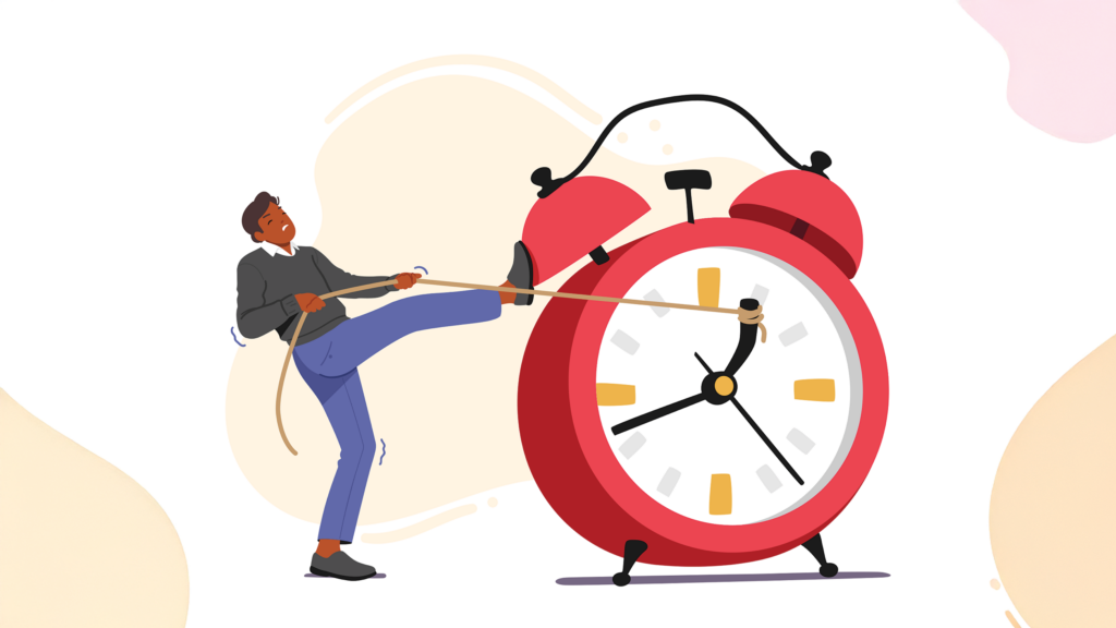 Illustration of a man pulling the hands of a giant red alarm clock backward with a rope, symbolizing the concept of rewinding time and reversing aging.