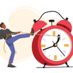 Illustration of a man pulling the hands of a giant red alarm clock backward with a rope, symbolizing the concept of rewinding time and reversing aging.