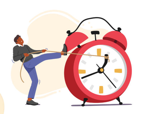 Illustration of a man pulling the hands of a giant red alarm clock backward with a rope, symbolizing the concept of rewinding time and reversing aging.