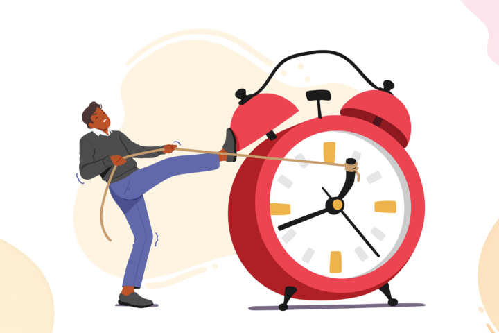 Illustration of a man pulling the hands of a giant red alarm clock backward with a rope, symbolizing the concept of rewinding time and reversing aging.