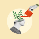 Illustration of a side profile of a human head with a plant sprouting from the open top, symbolizing growth and knowledge, while a hand holding a red watering can waters the plant, depicting nurturing brain health and neurogenesis, on a pastel yellow background. Perfect visual for topics on mental growth, self-improvement, or cognitive enhancement.