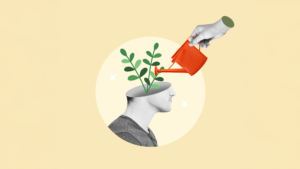 Illustration of a side profile of a human head with a plant sprouting from the open top, symbolizing growth and knowledge, while a hand holding a red watering can waters the plant, depicting nurturing brain health and neurogenesis, on a pastel yellow background. Perfect visual for topics on mental growth, self-improvement, or cognitive enhancement.