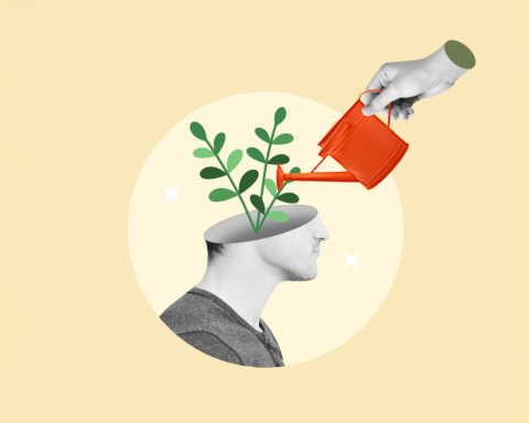 Illustration of a side profile of a human head with a plant sprouting from the open top, symbolizing growth and knowledge, while a hand holding a red watering can waters the plant, depicting nurturing brain health and neurogenesis, on a pastel yellow background. Perfect visual for topics on mental growth, self-improvement, or cognitive enhancement.