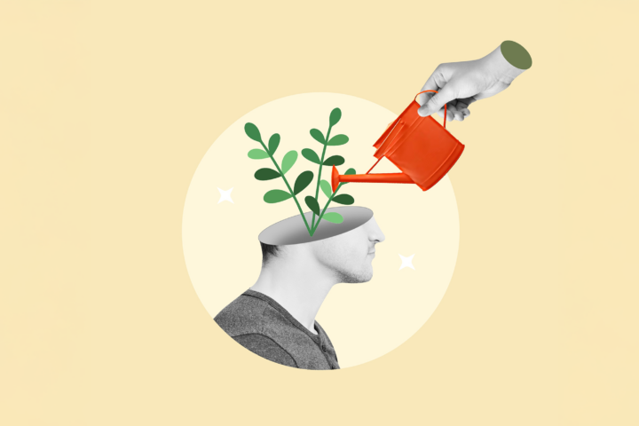 Illustration of a side profile of a human head with a plant sprouting from the open top, symbolizing growth and knowledge, while a hand holding a red watering can waters the plant, depicting nurturing brain health and neurogenesis, on a pastel yellow background. Perfect visual for topics on mental growth, self-improvement, or cognitive enhancement.