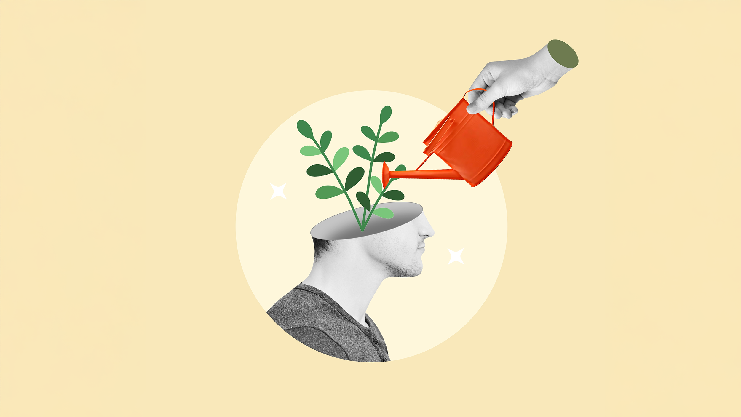 Illustration of a side profile of a human head with a plant sprouting from the open top, symbolizing growth and knowledge, while a hand holding a red watering can waters the plant, depicting nurturing brain health and neurogenesis, on a pastel yellow background. Perfect visual for topics on mental growth, self-improvement, or cognitive enhancement.