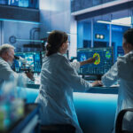 Scientists in a futuristic laboratory analyzing brain scans and cellular data on advanced monitors, with a focus on cutting-edge research and biomedical innovation. The scene emphasizes teamwork, advanced technology, and longevity science.