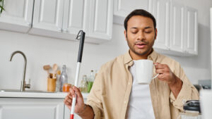 Image of an attractive, visually impaired man holding a cane used for seeing in one hand and a coffee cup in the other. He appears to be looking down as his coffee, implying the cure for blindness could be coming into focus.