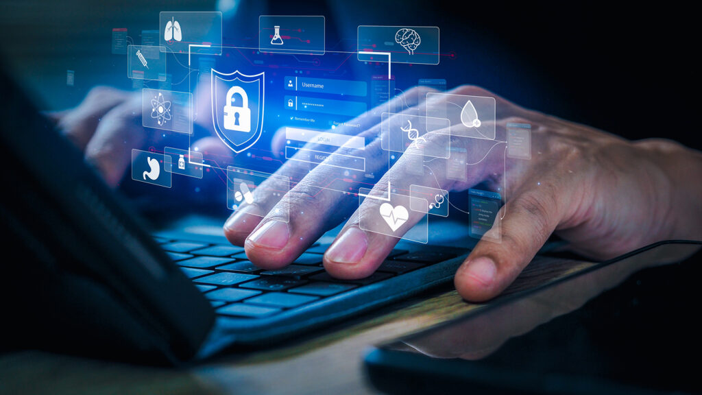 Close-up of hands typing on a keyboard with a digital overlay of health-related icons like DNA, a heart, and a brain, representing the role of DNA methylation research in decoding and potentially reversing the aging process.