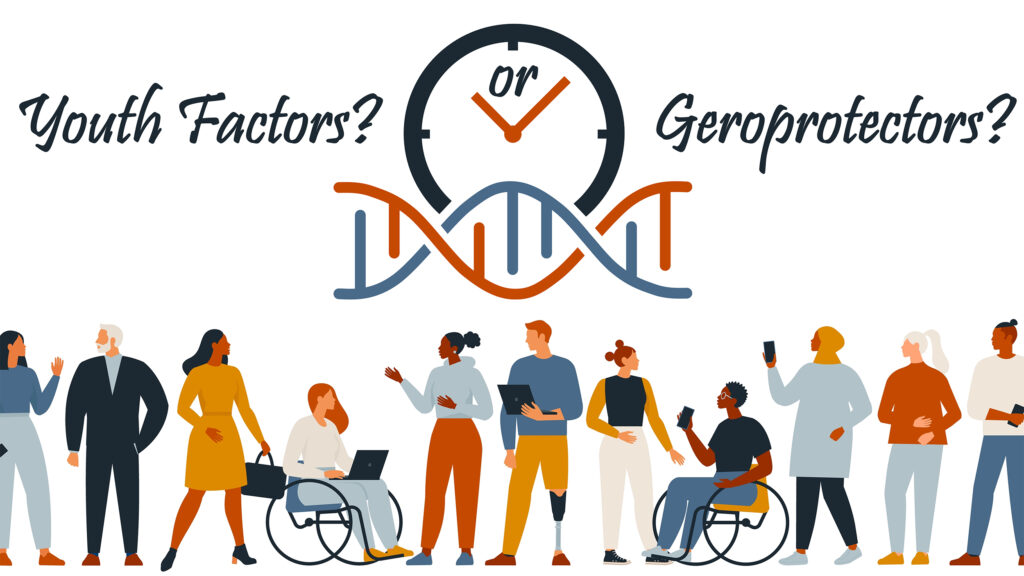 Illustration comparing youth factors and geroprotectors in longevity science. A DNA strand and clock symbolize aging, while a diverse group of people represents different stages of life. The image highlights the choice between slowing aging with geroprotectors or reversing it with youth factors.