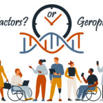 Illustration comparing youth factors and geroprotectors in longevity science. A DNA strand and clock symbolize aging, while a diverse group of people represents different stages of life. The image highlights the choice between slowing aging with geroprotectors or reversing it with youth factors.