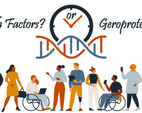 Illustration comparing youth factors and geroprotectors in longevity science. A DNA strand and clock symbolize aging, while a diverse group of people represents different stages of life. The image highlights the choice between slowing aging with geroprotectors or reversing it with youth factors.