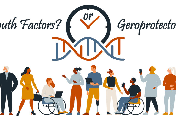 Illustration comparing youth factors and geroprotectors in longevity science. A DNA strand and clock symbolize aging, while a diverse group of people represents different stages of life. The image highlights the choice between slowing aging with geroprotectors or reversing it with youth factors.