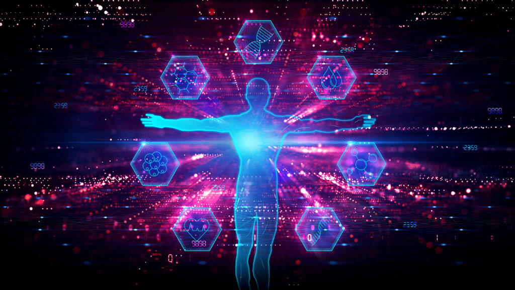 A futuristic digital illustration of a human figure with outstretched arms, illuminated in blue light, symbolizing biological analysis. Surrounding the figure are hexagonal icons representing key biomarkers of aging, including DNA, blood composition, molecular structures, and cellular biology. The background features a high-tech, data-driven aesthetic with numerical patterns and glowing network connections, emphasizing the role of biotechnology and AI in longevity research.