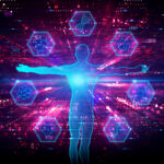 A futuristic digital illustration of a human figure with outstretched arms, illuminated in blue light, symbolizing biological analysis. Surrounding the figure are hexagonal icons representing key biomarkers of aging, including DNA, blood composition, molecular structures, and cellular biology. The background features a high-tech, data-driven aesthetic with numerical patterns and glowing network connections, emphasizing the role of biotechnology and AI in longevity research.