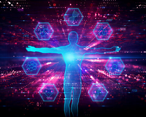 A futuristic digital illustration of a human figure with outstretched arms, illuminated in blue light, symbolizing biological analysis. Surrounding the figure are hexagonal icons representing key biomarkers of aging, including DNA, blood composition, molecular structures, and cellular biology. The background features a high-tech, data-driven aesthetic with numerical patterns and glowing network connections, emphasizing the role of biotechnology and AI in longevity research.