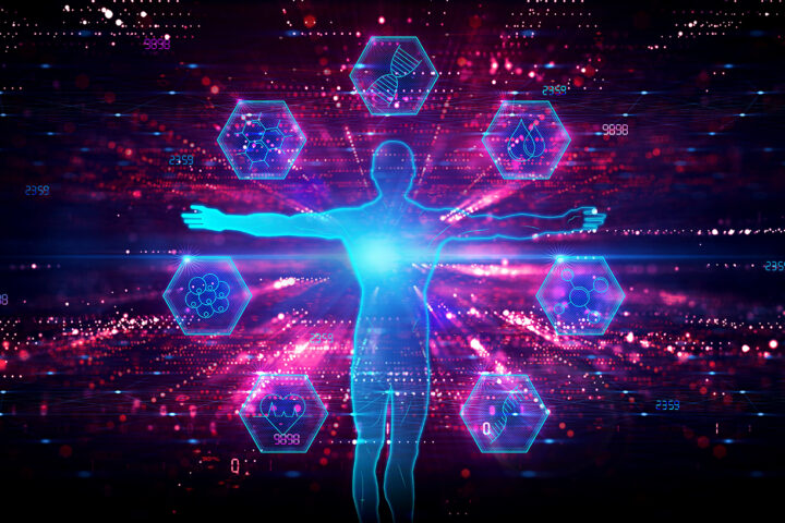 A futuristic digital illustration of a human figure with outstretched arms, illuminated in blue light, symbolizing biological analysis. Surrounding the figure are hexagonal icons representing key biomarkers of aging, including DNA, blood composition, molecular structures, and cellular biology. The background features a high-tech, data-driven aesthetic with numerical patterns and glowing network connections, emphasizing the role of biotechnology and AI in longevity research.