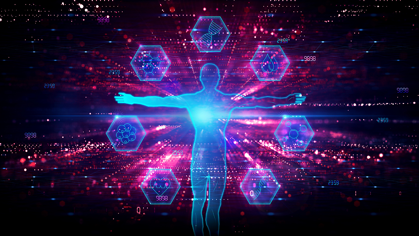 A futuristic digital illustration of a human figure with outstretched arms, illuminated in blue light, symbolizing biological analysis. Surrounding the figure are hexagonal icons representing key biomarkers of aging, including DNA, blood composition, molecular structures, and cellular biology. The background features a high-tech, data-driven aesthetic with numerical patterns and glowing network connections, emphasizing the role of biotechnology and AI in longevity research.