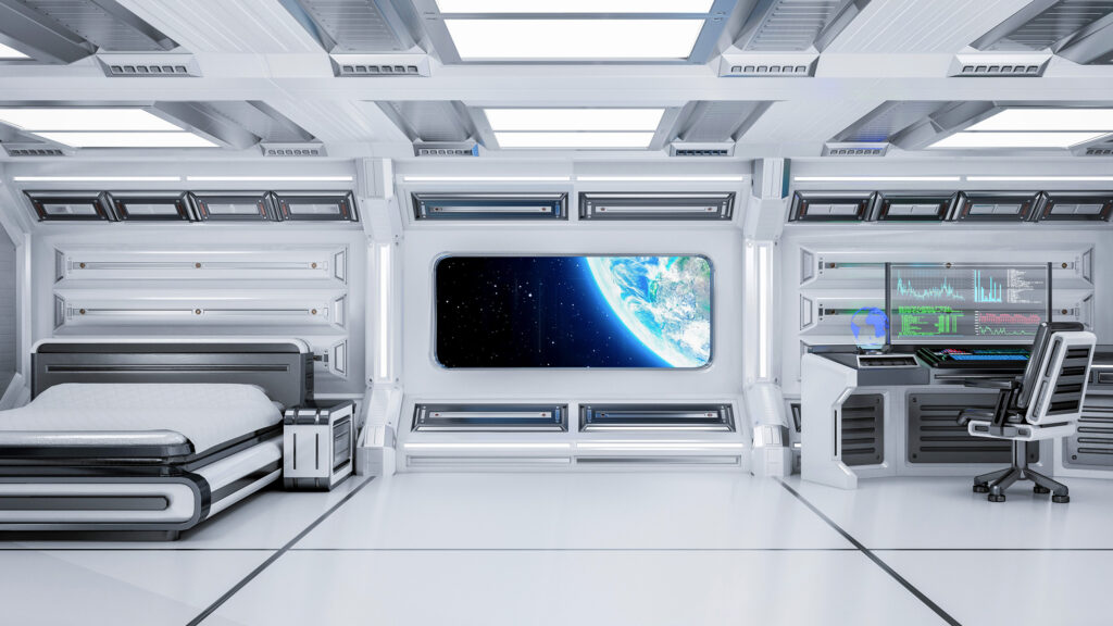 A futuristic image inside of a space station bedroom overlooking earth through a central window.