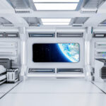 A futuristic image inside of a space station bedroom overlooking earth through a central window.