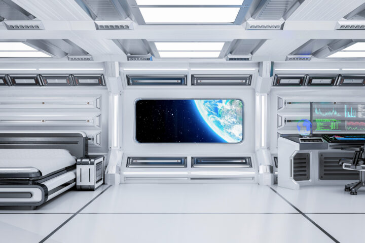 A futuristic image inside of a space station bedroom overlooking earth through a central window.