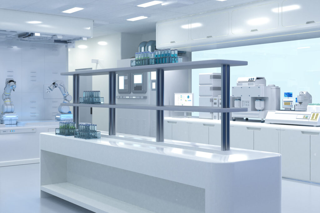 An image of a white, futuristic lab, with articulated robotic arms in the background.