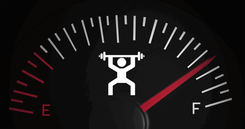 An image of a fuel gauge with a cartoon person in the middle holding up a barbell with weights on it, signifying the fuel gauge of a person instead of a vehicle.