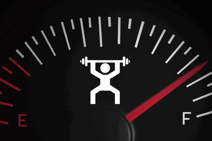 An image of a fuel gauge with a cartoon person in the middle holding up a barbell with weights on it, signifying the fuel gauge of a person instead of a vehicle.