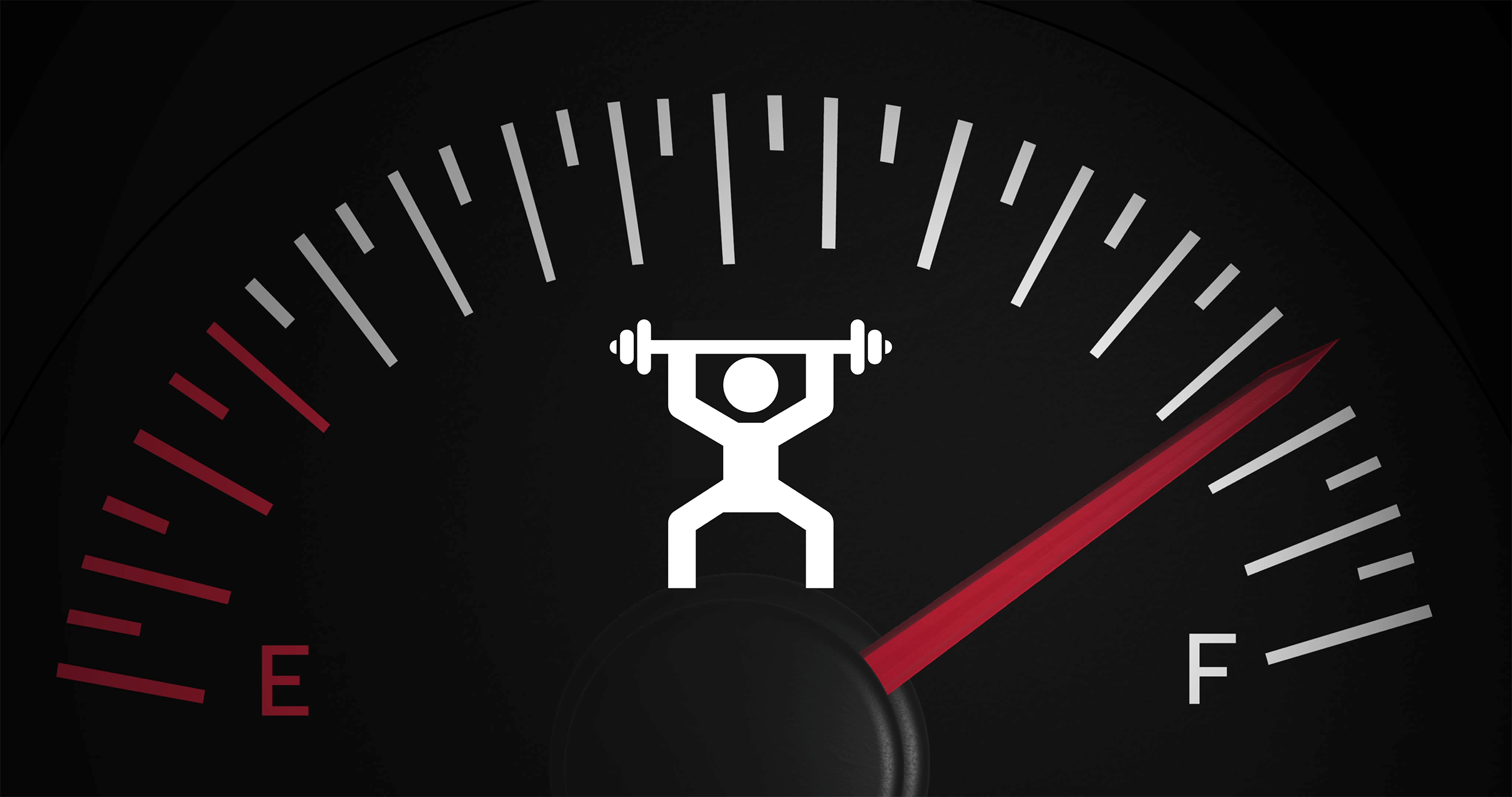 An image of a fuel gauge with a cartoon person in the middle holding up a barbell with weights on it, signifying the fuel gauge of a person instead of a vehicle.