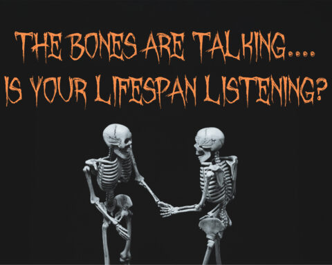 An image of two skeletons shaking hands and conversing in front of a black background. Above their skeleton skulls, a spooky, haunting font with sharp lines and jagged edges reads "The Bones Are Talking... Is Your Lifespan Listening?"