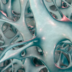 A microscope's view of the bone's trabacular structures, artificially colored in teal and red accents.