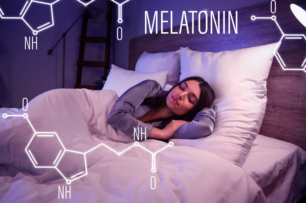 A young woman asleep in her bed, covered by a fluffy white comforter and soft white pillows. A soft purple hue lights the image with an overlay of the word "Melatonin" and the melatonin chemical structure.