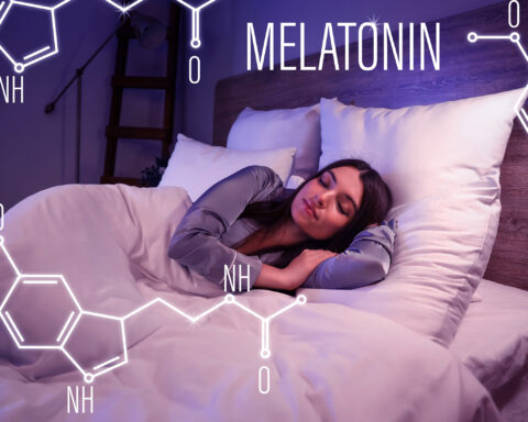 A young woman asleep in her bed, covered by a fluffy white comforter and soft white pillows. A soft purple hue lights the image with an overlay of the word "Melatonin" and the melatonin chemical structure.