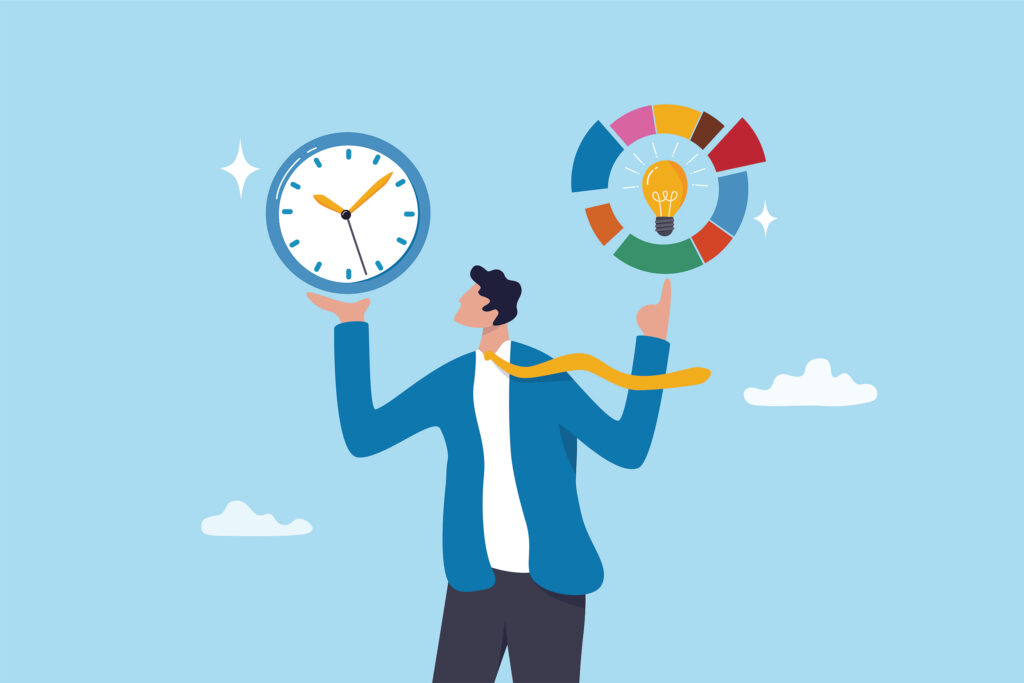 A cartoon image of a man in a blue suit jacket, yellow tie, and navy pants with his tie flapping in the wind to his right, set on the backdrop of a blue sky with fluffy white clouds. His right arm is bent at the elbow upwards as if to raise something above his head. Hovering above his open hand is a sparkling clock, symbolizing time management. His left are is also bent upward at the elbow and his hand is making the motion of spinning a basketball with an outstretched finder. Hovering above his finger is a pie chart with a light bulb inside illustrating the idea of proper structured procrastination can be achieved while improving time management and efficiency.