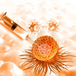 An image of a syringe targeting a cancer cell on an orange background. Two cancer cells are in the background about to be targeted by the new immunotherapy.