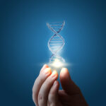 The image shows a close-up of a person’s fingers gently holding a glowing point of light. Above the light, a three-dimensional DNA double helix made of tiny, reflective particles rises upward against a smooth, dark blue background. The scene gives the impression of someone delicately holding or creating genetic material, symbolizing concepts like biotechnology, synthetic biology.