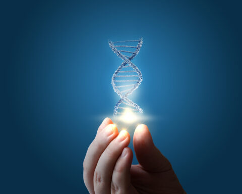 The image shows a close-up of a person’s fingers gently holding a glowing point of light. Above the light, a three-dimensional DNA double helix made of tiny, reflective particles rises upward against a smooth, dark blue background. The scene gives the impression of someone delicately holding or creating genetic material, symbolizing concepts like biotechnology, synthetic biology.