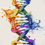A double helix of DNA unfurls across the canvas in a splash of vivid color, each twisting strand painted in gradients of orange, green, blue, and violet. The structure appears alive, with pigments bursting outward like fragments of energy scattering into the air, evoking both the beauty and fragility of life’s code. The edges fade into soft washes of gray and teal, framing the central spiral as if suspended between order and chaos.