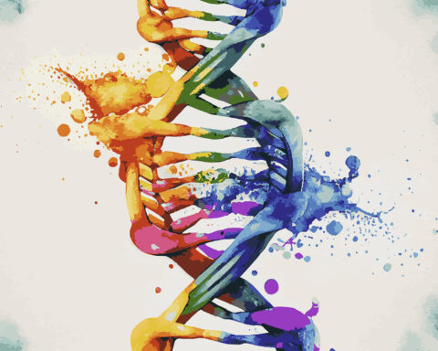 A double helix of DNA unfurls across the canvas in a splash of vivid color, each twisting strand painted in gradients of orange, green, blue, and violet. The structure appears alive, with pigments bursting outward like fragments of energy scattering into the air, evoking both the beauty and fragility of life’s code. The edges fade into soft washes of gray and teal, framing the central spiral as if suspended between order and chaos.