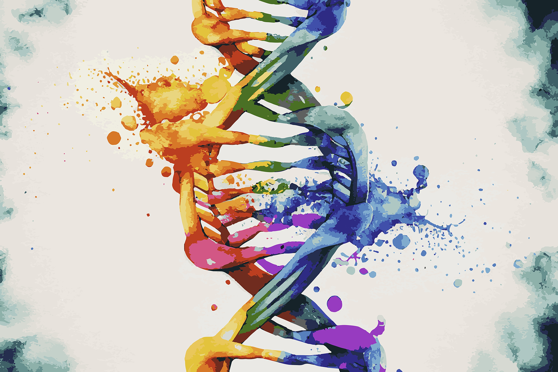 A double helix of DNA unfurls across the canvas in a splash of vivid color, each twisting strand painted in gradients of orange, green, blue, and violet. The structure appears alive, with pigments bursting outward like fragments of energy scattering into the air, evoking both the beauty and fragility of life’s code. The edges fade into soft washes of gray and teal, framing the central spiral as if suspended between order and chaos.
