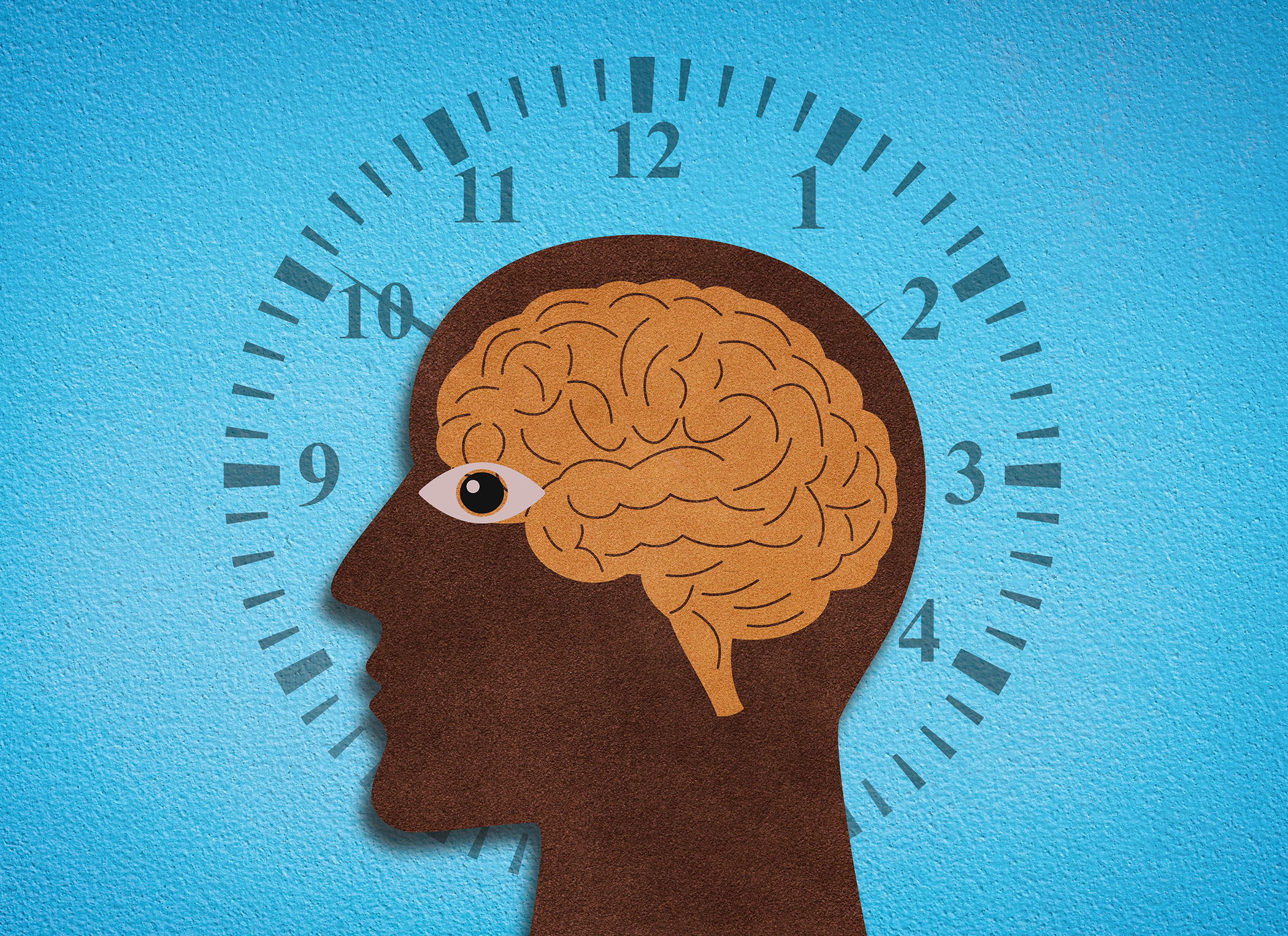 A stylized illustration of a human head in profile, the silhouette dark and textured like cut paper, with an amber brain sketched inside. An eye peers outward, open and alert, while behind the head a clock face radiates, its numbers and tick marks encircling the figure against a bright blue backdrop. The composition evokes the relentless cadence of time interwoven with cognition and the biological rhythms that govern human aging.