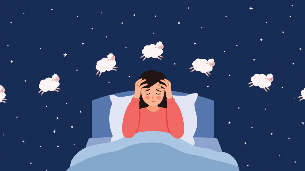 A sleepless person sits upright in bed with hands gently pressed to their temples, eyes tired and face drawn with exhaustion. Soft cartoon sheep float across a deep blue night sky scattered with tiny stars, suggesting the familiar struggle of counting sheep that offers no relief. The scene conveys the quiet frustration and emotional weight of insomnia, capturing the intimate moment when the mind refuses to rest even as the world around grows still.